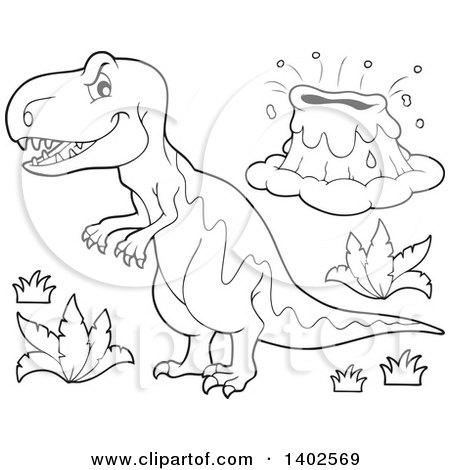 Clipart of a Black and White Lineart Tyrannosaurus Rex Dinosaur - Royalty Free Vector Illustration by visekart