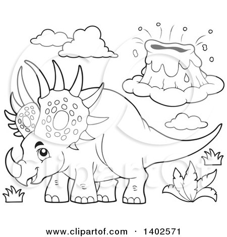 Clipart of a Black and White Lineart Triceratops Dinosaur and Volcano - Royalty Free Vector Illustration by visekart