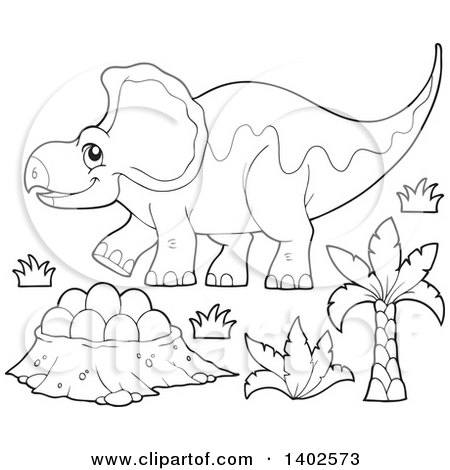 Clipart of a Black and White Lineart Triceratops Dinosaur and Eggs in a Nest - Royalty Free Vector Illustration by visekart