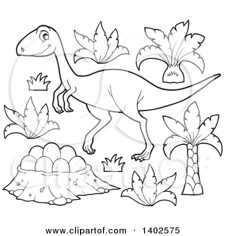 Clipart of a Black and White Lineart Raptor Dinosaur and Eggs - Royalty Free Vector Illustration by visekart