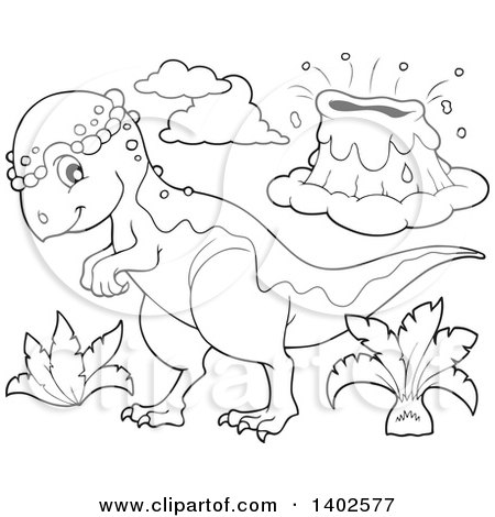Clipart of a Black and White Lineart Pachycephalosaurus Dinosaur and Volcano - Royalty Free Vector Illustration by visekart
