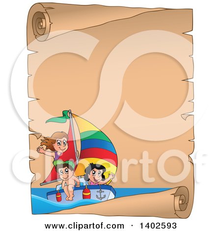 Clipart of a Parchment Scroll Page of Children Sailing - Royalty Free Vector Illustration by visekart