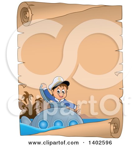 Clipart of a Parchment Scroll Page of a Sailor Boy Looking out of a Submarine Hatch - Royalty Free Vector Illustration by visekart