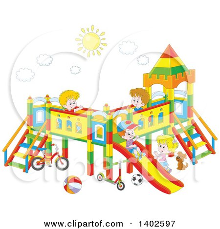Clipart of a Group of Happy White Children Playing on a Playground - Royalty Free Vector Illustration by Alex Bannykh