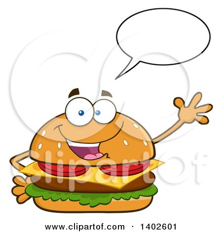 Clipart of a Cheeseburger Character Mascot Talking and Waving - Royalty Free Vector Illustration by Hit Toon