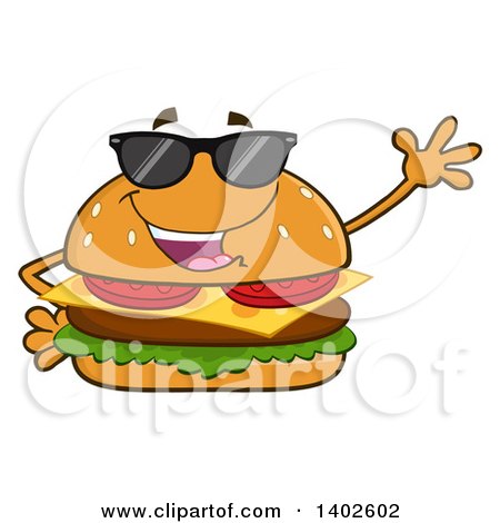 Clipart of a Cheeseburger Character Mascot Wearing Sunglasses and Waving - Royalty Free Vector Illustration by Hit Toon