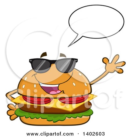 Clipart of a Cheeseburger Character Mascot Wearing Sunglasses, Talking and Waving - Royalty Free Vector Illustration by Hit Toon