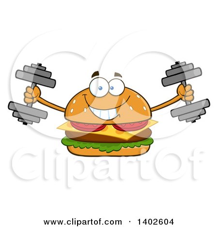 Clipart of a Cheeseburger Character Mascot Working out with Dumbbells - Royalty Free Vector Illustration by Hit Toon
