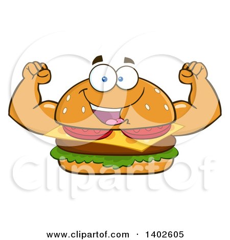 Clipart of a Cheeseburger Character Mascot Flexing His Muscles - Royalty Free Vector Illustration by Hit Toon