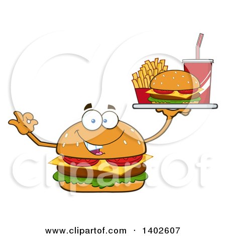 Clipart of a Cheeseburger Character Mascot Gesturing Ok and Holding a Tray of Food - Royalty Free Vector Illustration by Hit Toon