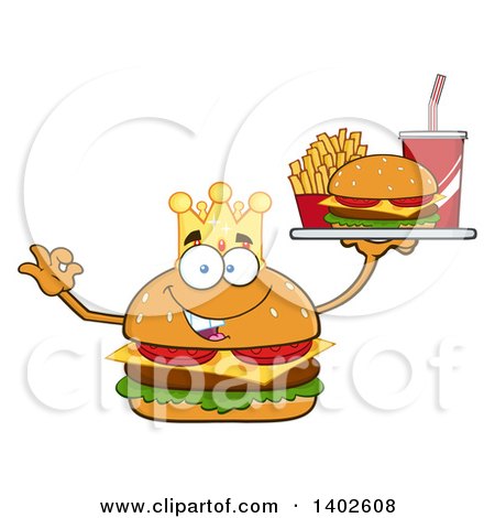 Clipart of a King Cheeseburger Character Mascot Gesturing Ok and Holding a Tray - Royalty Free Vector Illustration by Hit Toon