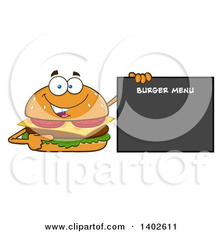 Clipart of a Cheeseburger Character Mascot Pointing to a Menu - Royalty Free Vector Illustration by Hit Toon