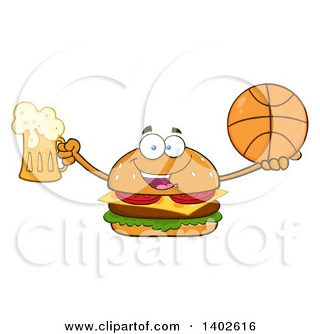 Clipart of a Cheeseburger Character Mascot Holding a Beer and Basketball - Royalty Free Vector Illustration by Hit Toon