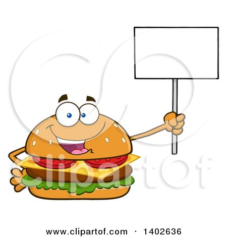 Clipart of a Cheeseburger Character Mascot Holding a Blank Sign - Royalty Free Vector Illustration by Hit Toon