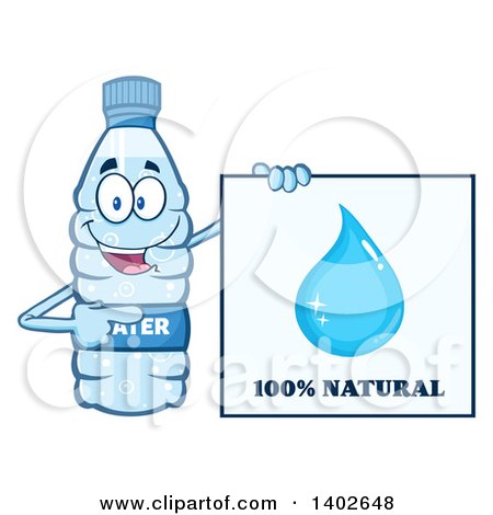 Clipart of a Cartoon Bottled Water Character Mascot by a 100 Percent Natural Sign - Royalty Free Vector Illustration by Hit Toon