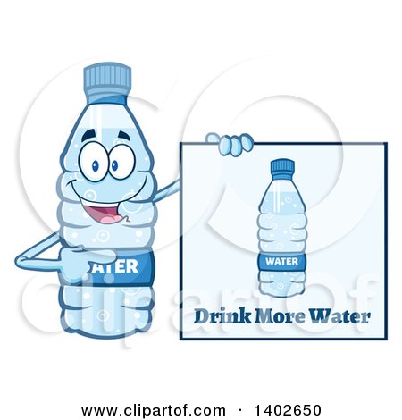 Clipart of a Cartoon Bottled Water Character Mascot by a Drink More Water Sign - Royalty Free Vector Illustration by Hit Toon