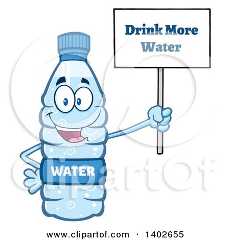 Clipart of a Cartoon Bottled Water Character Mascot Holding a Drink More Water Sign - Royalty Free Vector Illustration by Hit Toon