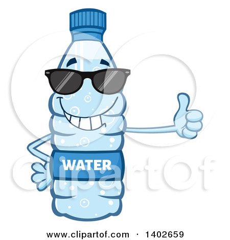 Clipart of a Cartoon Bottled Water Character Mascot Wearing Sunglasses and Giving a Thumb up - Royalty Free Vector Illustration by Hit Toon