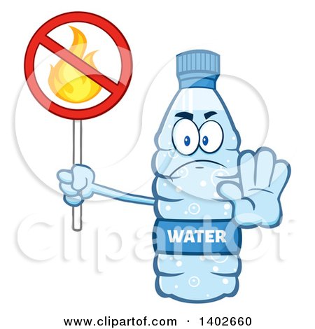 Clipart of a Cartoon Bottled Water Character Mascot Gesturing to Stop and Holding a No Fire Sign - Royalty Free Vector Illustration by Hit Toon