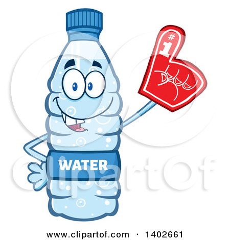Clipart of a Cartoon Bottled Water Character Mascot Wearing a Foam Finger - Royalty Free Vector Illustration by Hit Toon