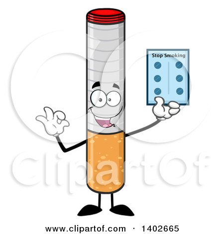 Clipart of a Cartoon Cigarette Mascot Character Holding a Blister Pack of Pills - Royalty Free Vector Illustration by Hit Toon