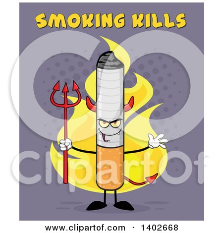 Clipart of a Cartoon Devil Cigarette Mascot Character on Fire, with Smoking Kills Text on Purple - Royalty Free Vector Illustration by Hit Toon