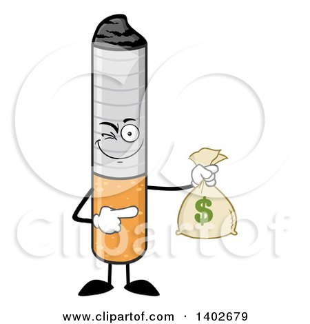 Clipart of a Cartoon Cigarette Mascot Character Winking and Holding a Money Bag - Royalty Free Vector Illustration by Hit Toon
