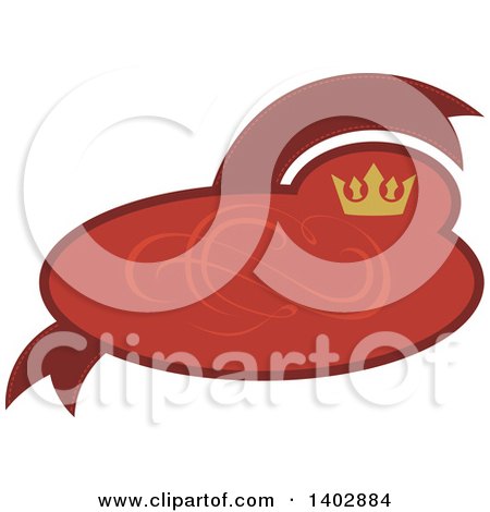 Clipart of a Red Oval and Banner Retail Label Design Element with a Swirl and Crown - Royalty Free Vector Illustration by dero
