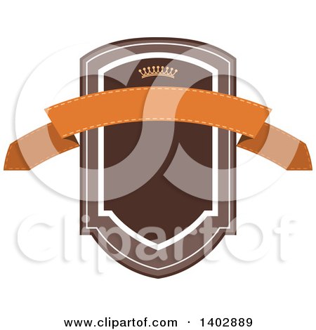 Clipart of a Brown and Orange Toned Shield and Banner Retail Label Design Element with a Crown - Royalty Free Vector Illustration by dero