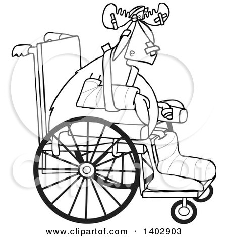 Clipart of a Black and White Lineart Injured Accident Prone Moose in a Wheelchair - Royalty Free Vector Illustration by djart