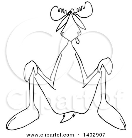 Clipart of a Cartoon Black and White Lineart Moose Sitting on His Butt - Royalty Free Vector Illustration by djart
