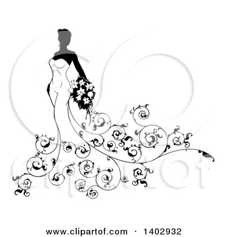 Clipart of a Silhouetted Black and White Bride in Her Dress, with Ornate Floral Vines, Holding Flowers - Royalty Free Vector Illustration by AtStockIllustration