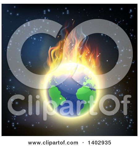 Clipart of a Burning Earth Globe with Bright Flames Against Outer Space - Royalty Free Vector Illustration by AtStockIllustration
