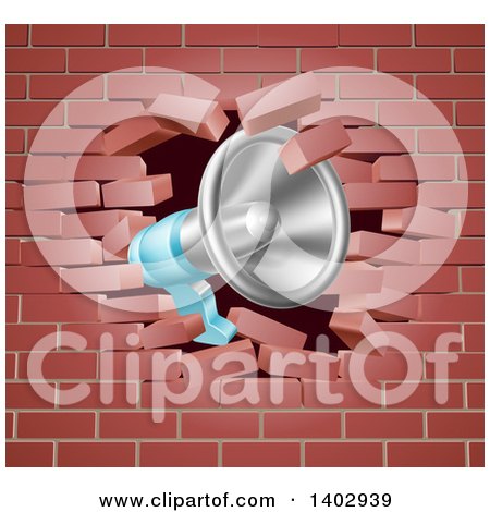 Clipart of a Megaphone Breaking Through a Brick Wall - Royalty Free Vector Illustration by AtStockIllustration
