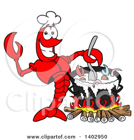 Cartoon Clipart of a Lobster Chef Stirring a Country Boil - Royalty Free Vector Illustration by LaffToon