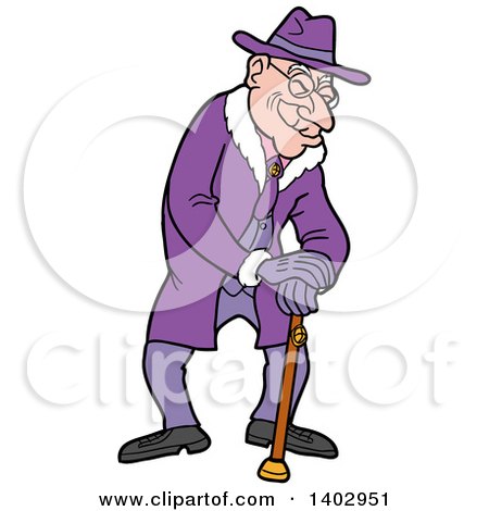 Cartoon Clipart of a Senior Caucasian Man Wearing All Purple and Leaning on a Cane - Royalty Free Vector Illustration by LaffToon