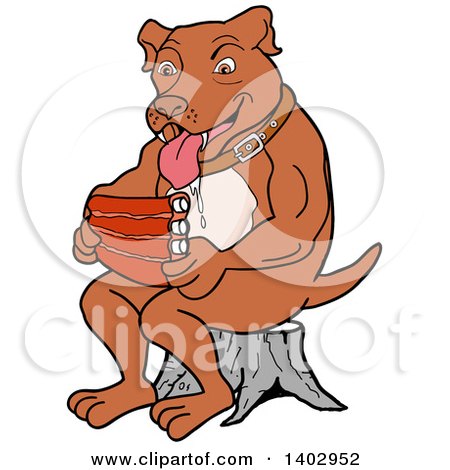 Cartoon Clipart of a Hungry Drolling Pitbull Dog Sitting on a Stump and Eating Bbq Ribs - Royalty Free Vector Illustration by LaffToon