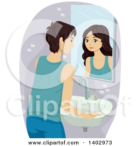 Clipart of a Caucasian Teenage Guy Going Through an Identity Crisis, Seeing Himself As a Female in a Mirror - Royalty Free Vector Illustration by BNP Design Studio