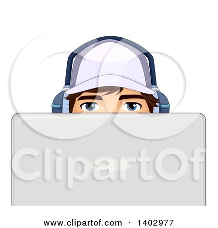 Clipart of a Teen Guy Wearing Headphones and Looking over a Laptop - Royalty Free Vector Illustration by BNP Design Studio