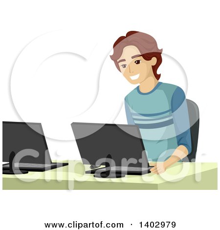 Clipart of a Happy Caucasian Teen Boy in a Computer Lab - Royalty Free Vector Illustration by BNP Design Studio