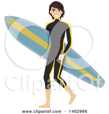 Clipart of a Caucasian Teen Guy Surfer in a Wet Suit, Carring a Board - Royalty Free Vector Illustration by BNP Design Studio
