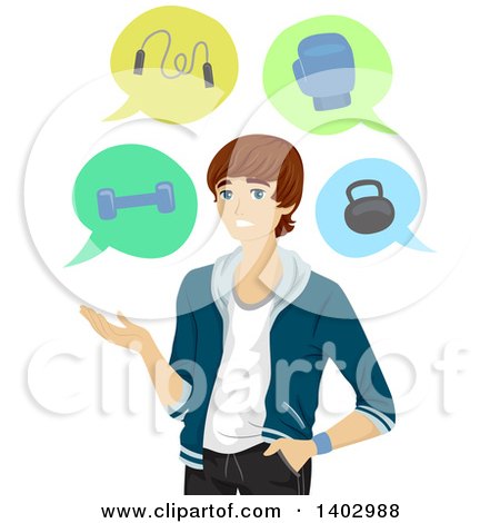Clipart of a White Teen Guy Presenting Workout Options - Royalty Free Vector Illustration by BNP Design Studio