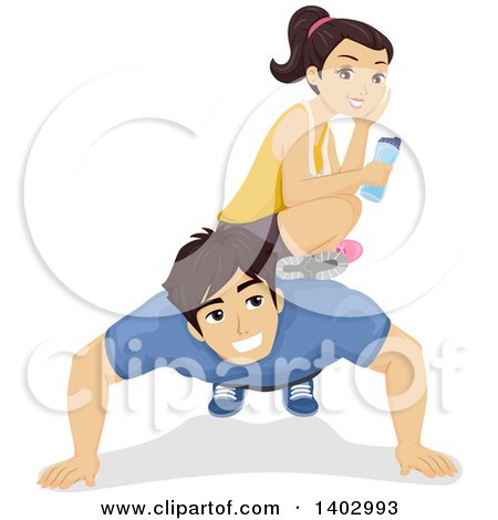 Clipart of a Teen Girl Sitting on Her Boyfriend's Back As He Does Push Ups - Royalty Free Vector Illustration by BNP Design Studio