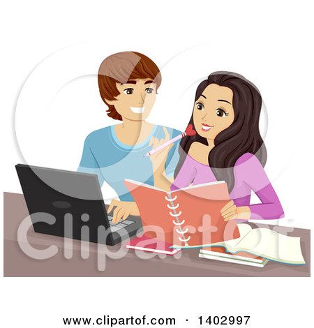 Clipart of a Teen Couple Studying with a Laptop - Royalty Free Vector Illustration by BNP Design Studio
