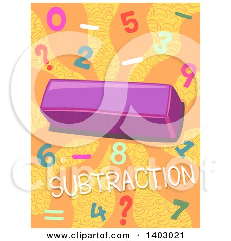 Clipart of a Math Design of a Minus Symbol, Numbers and Subtraction Text on Orange - Royalty Free Vector Illustration by BNP Design Studio