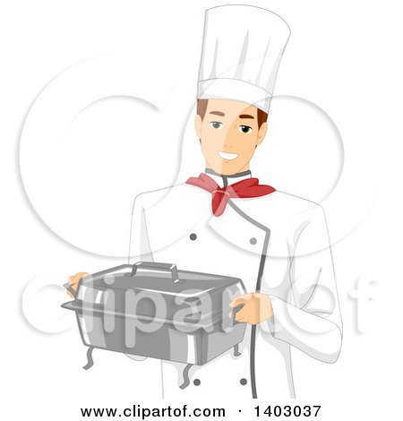 Clipart of a Brunette Caucasian Male Chef Carrying a Metal Chafing Dish - Royalty Free Vector Illustration by BNP Design Studio