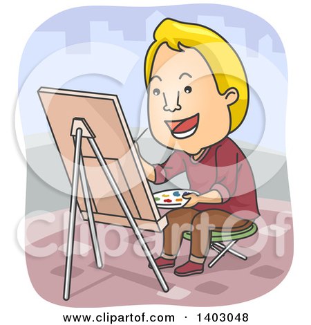 Clipart of a Cartoon Blond White Male Street Artist Painting on Canvas - Royalty Free Vector Illustration by BNP Design Studio