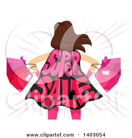 Clipart of a Rear View of a Woman with Shopping Bags and a Super Sale Cape - Royalty Free Vector Illustration by BNP Design Studio
