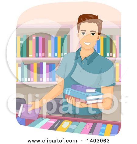 Clipart of a Brunette Caucasian Man Selecting Books in a Store or Library - Royalty Free Vector Illustration by BNP Design Studio