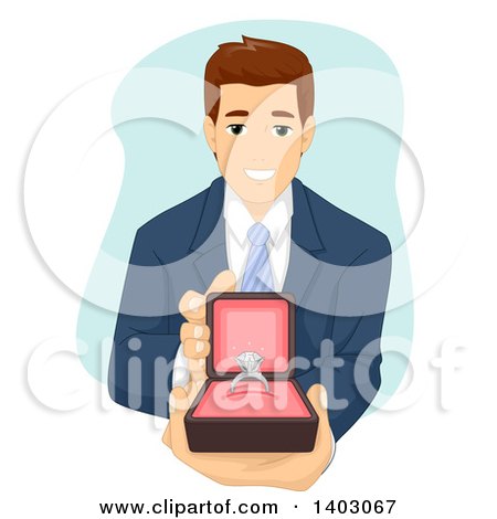 Clipart of a Brunette Caucasian Man Proposing and Holding out a Ring - Royalty Free Vector Illustration by BNP Design Studio